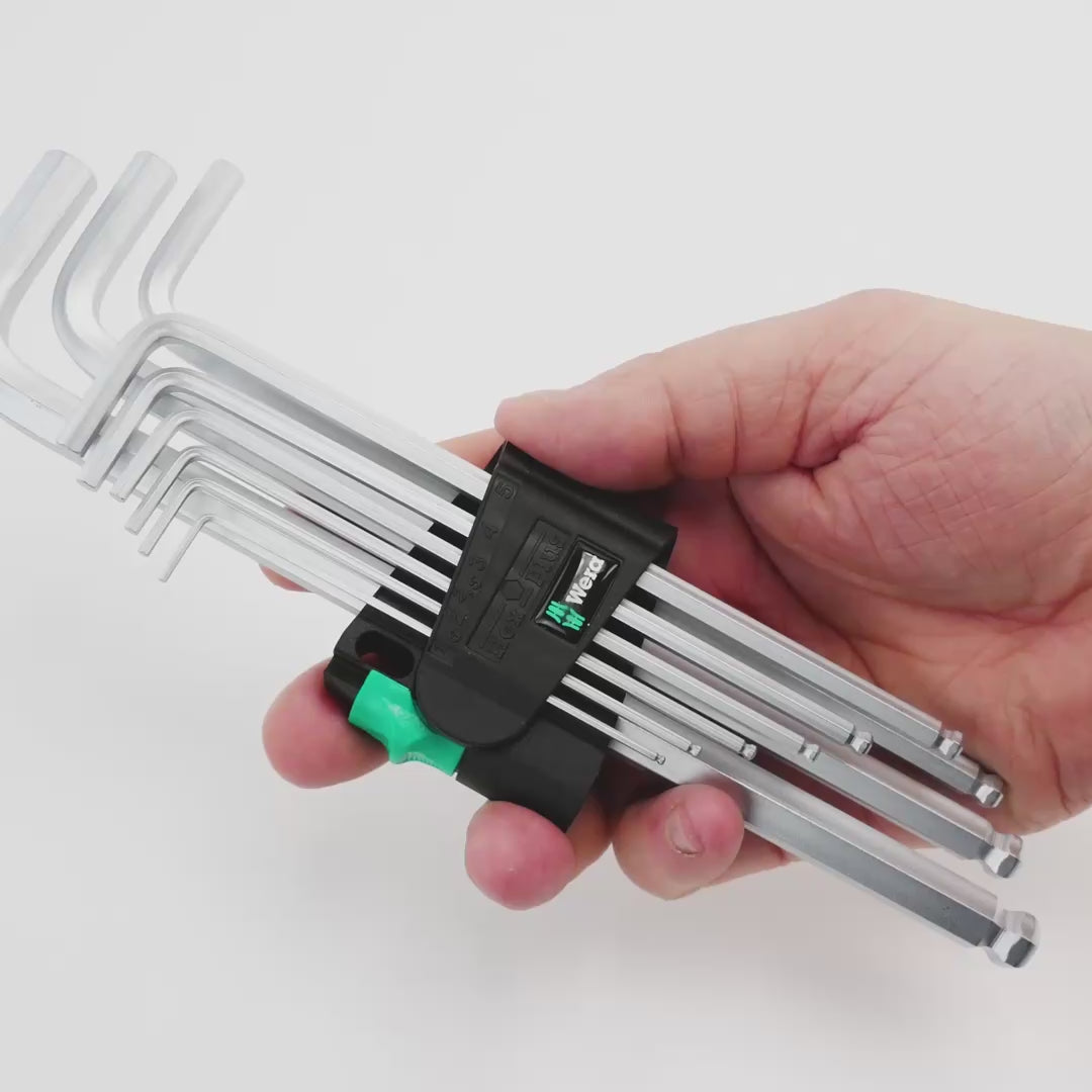 Load video: Wera 073391 Ball-End L-key Chrome-plated Metric Set, Retail Pack