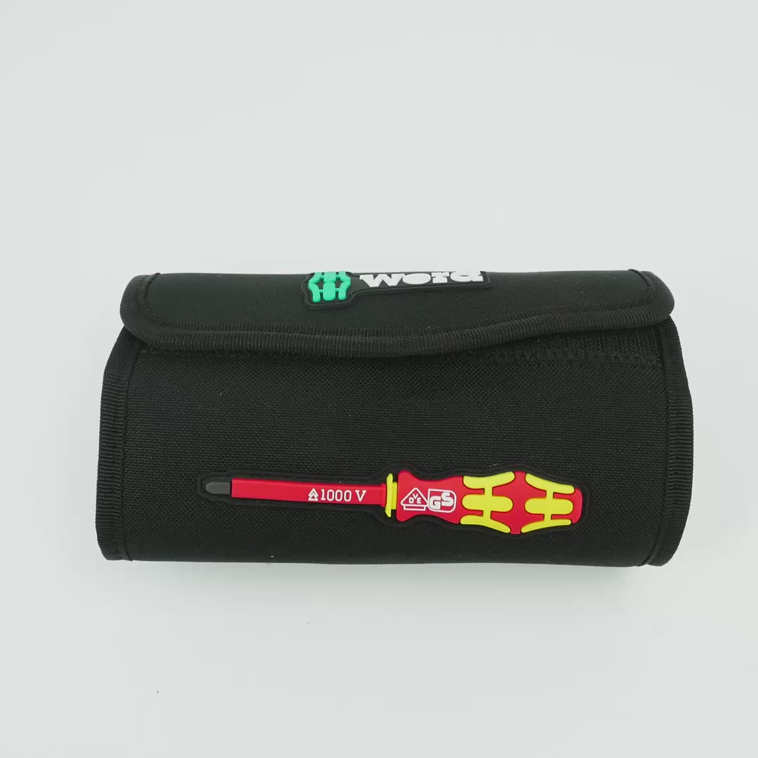 Load video: Wera 347108 Kraftform Kompakt VDE 60 i/62 i/68 i/18 Slotted/Phillips/Square/Cabinet Insulated Blade Set