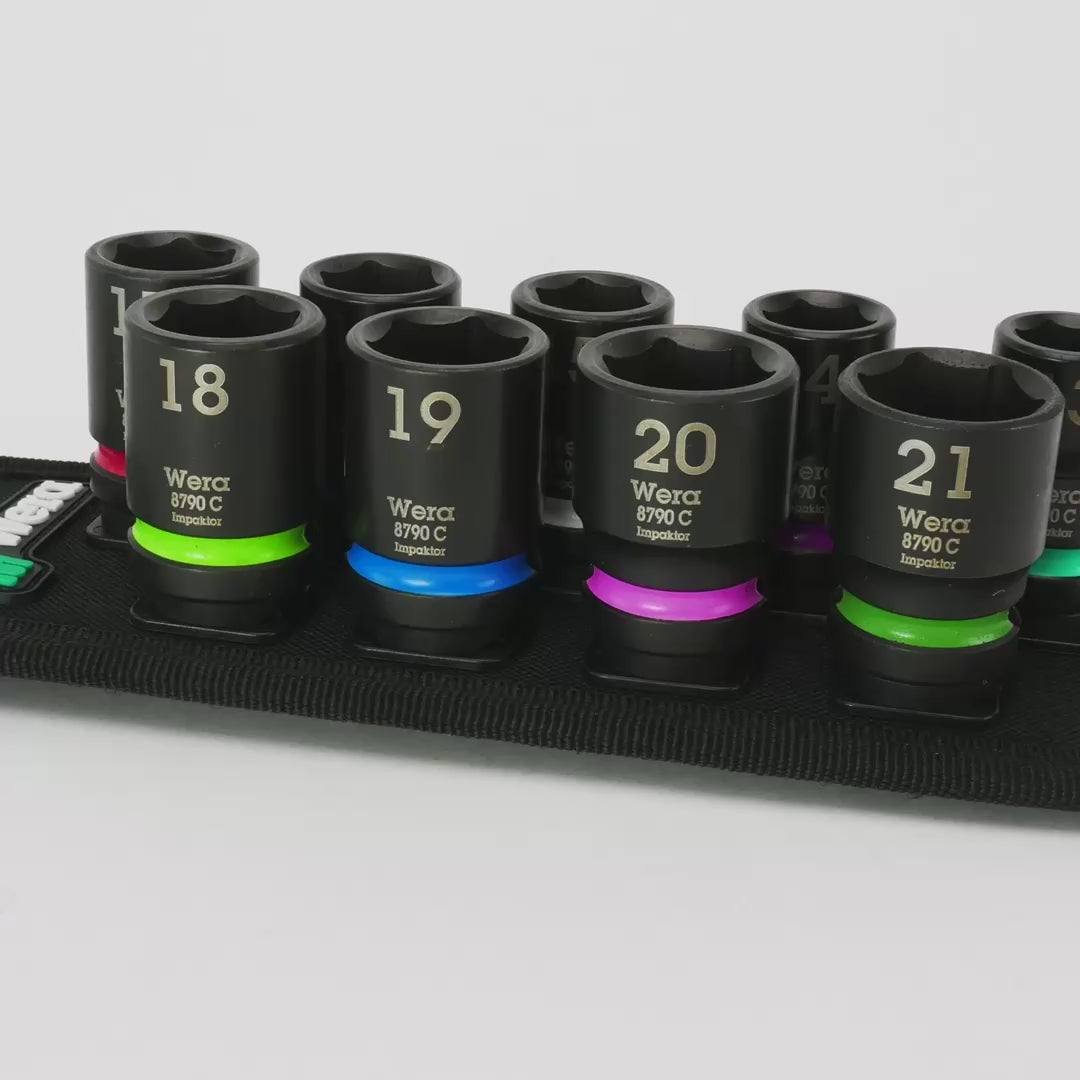 Load video: Wera 004580 Impaktor 1 Metric 1/2" Impact Socket Set on Belt, 9 Pieces