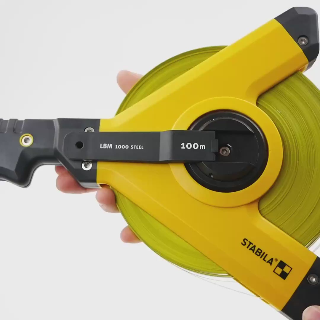 Load video: Stabila LBM1000 Steel Y-Frame Tape, Metric Scale, 100m