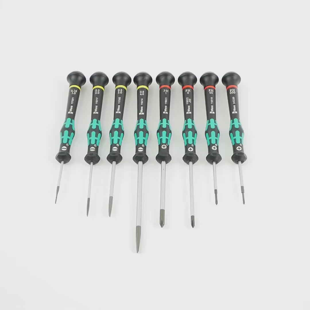 Load video: Wera 345261 Kraftform Micro Slotted/Phillips Precision Screwdriver Set