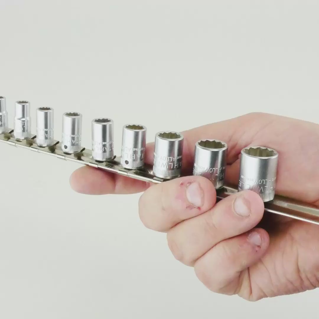 Load video: Stahlwille 40aD/10CL Socket Set with Clip Strip, 1/4" Drive, SAE, 3/16 - 9 /16", 11 Pieces