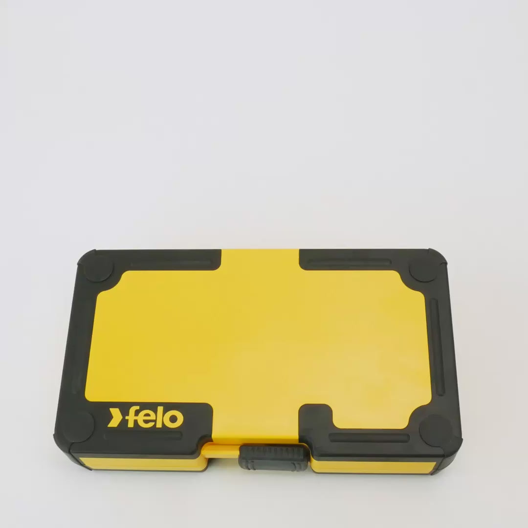 Load video: Felo Felo R-GO XL 36 piece Box Sockets, Bits Ergonic Ratchet, INCH