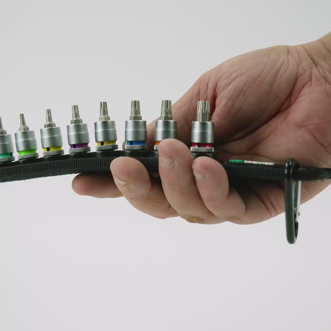 Load video: Wera 003882 Belt 3 Torx HF Zyklop Bit Socket Set, 1/4" Drive, 10 pieces - with Holding Function