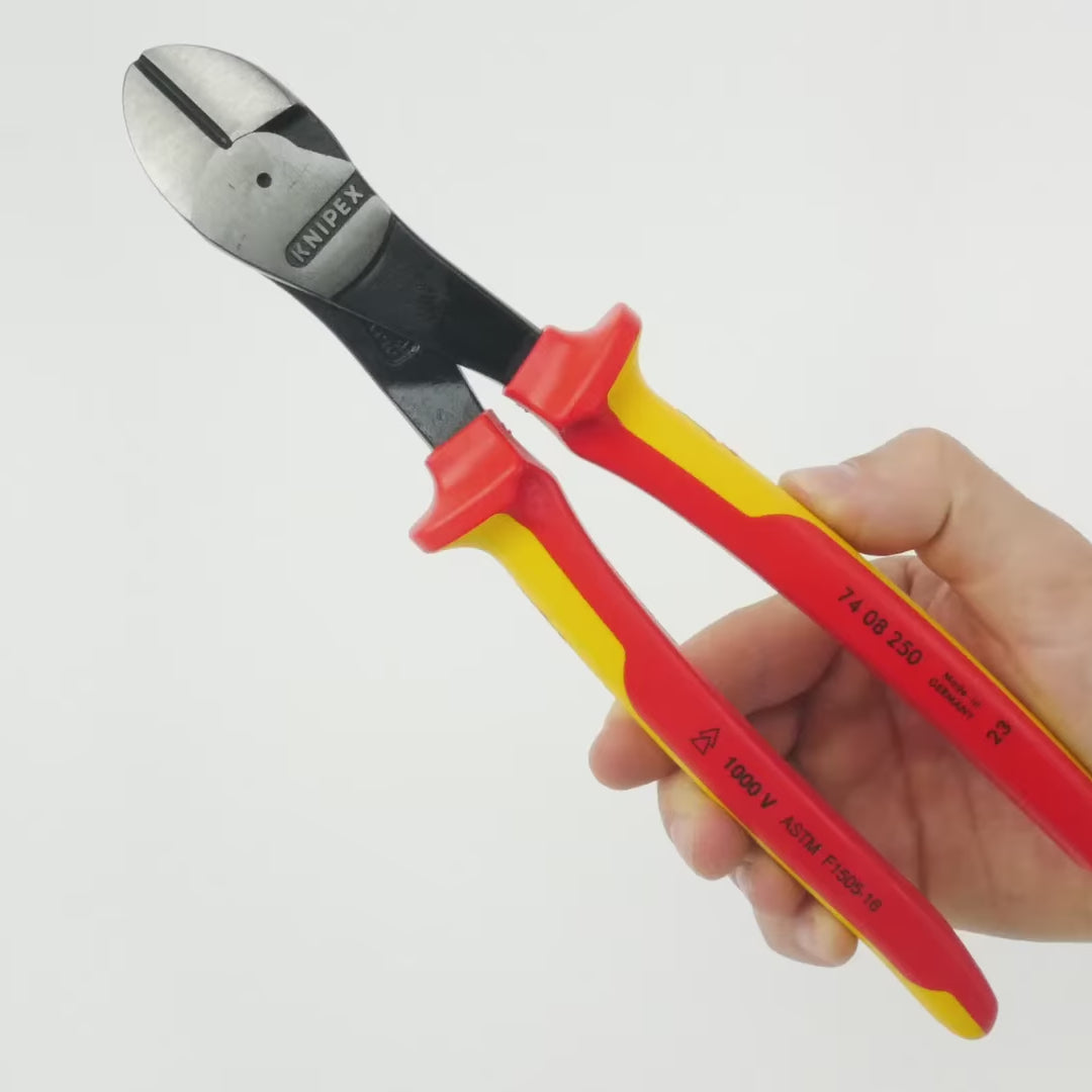 Load video: Knipex 10" High Leverage Diagonal Cutters - Insulated