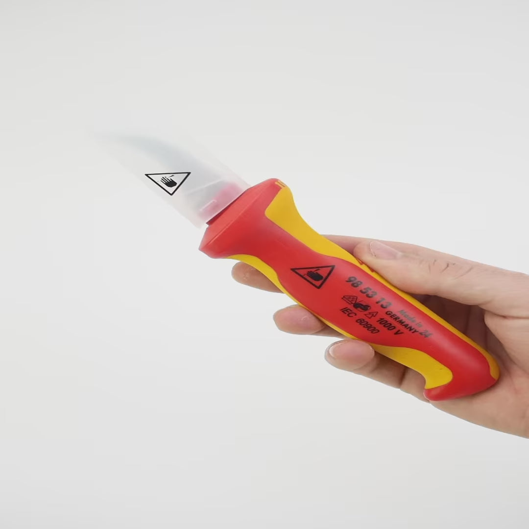 Load video: Knipex Insulated Dismantling Knife - Narrow, Fixed Hook Blade