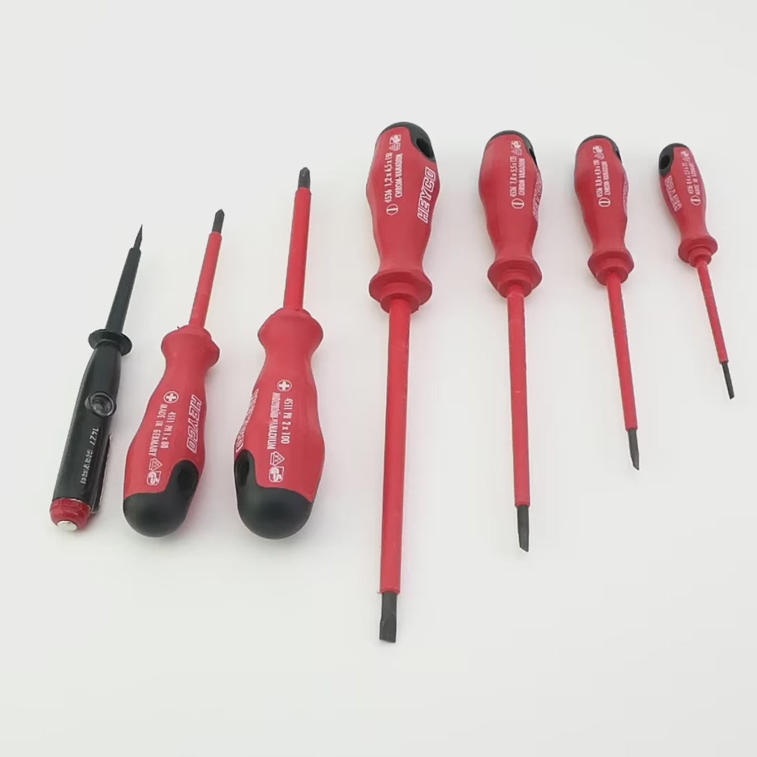 Load video: Heyco Insulated VDE Phillips/Slotted Screwdriver Set with 2K Handle, 7 Pieces