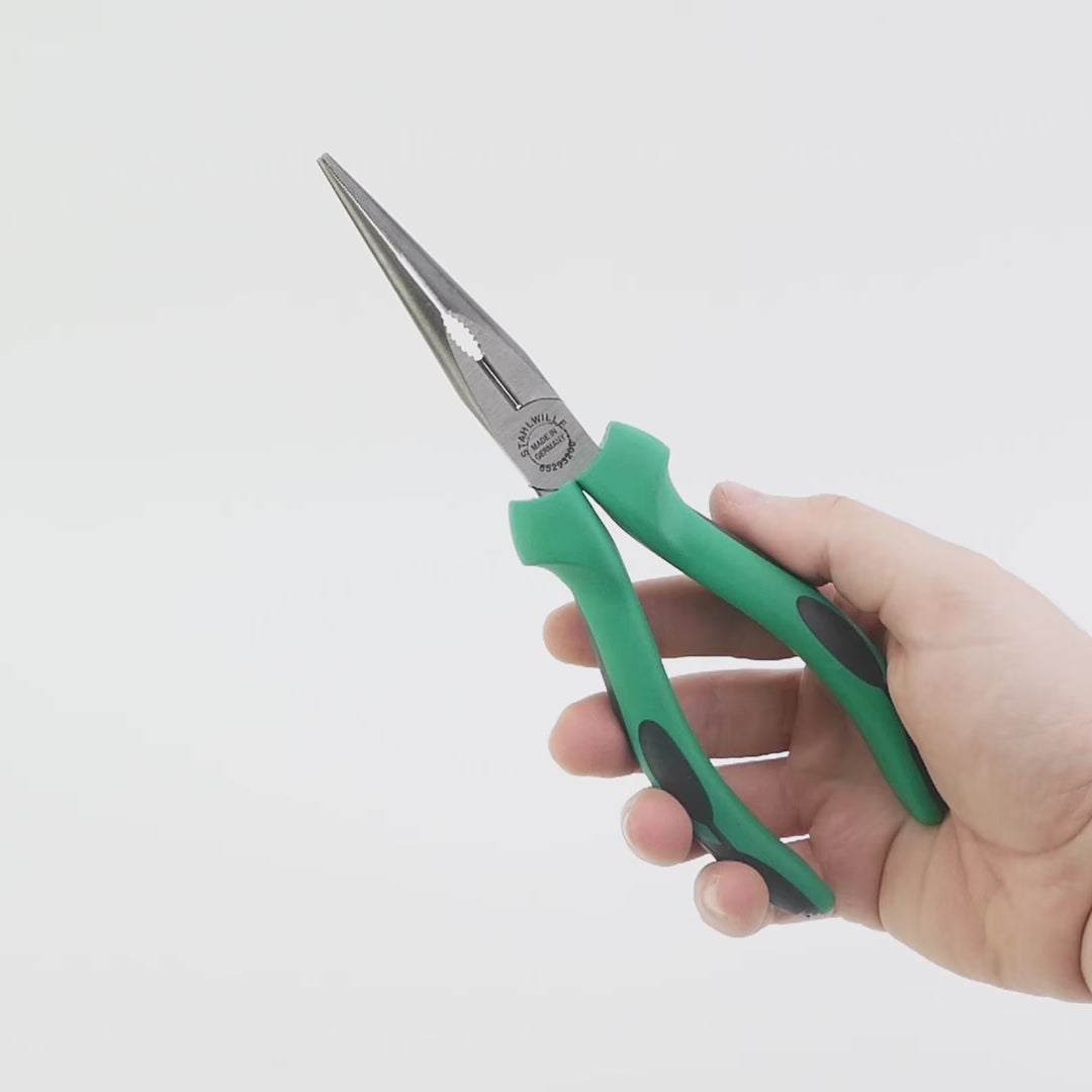 Load video: Stahlwille 6529 Snipe Nose Pliers with Cutter (Radio or Telephone pliers), 200 mm, Polished, Multi-component