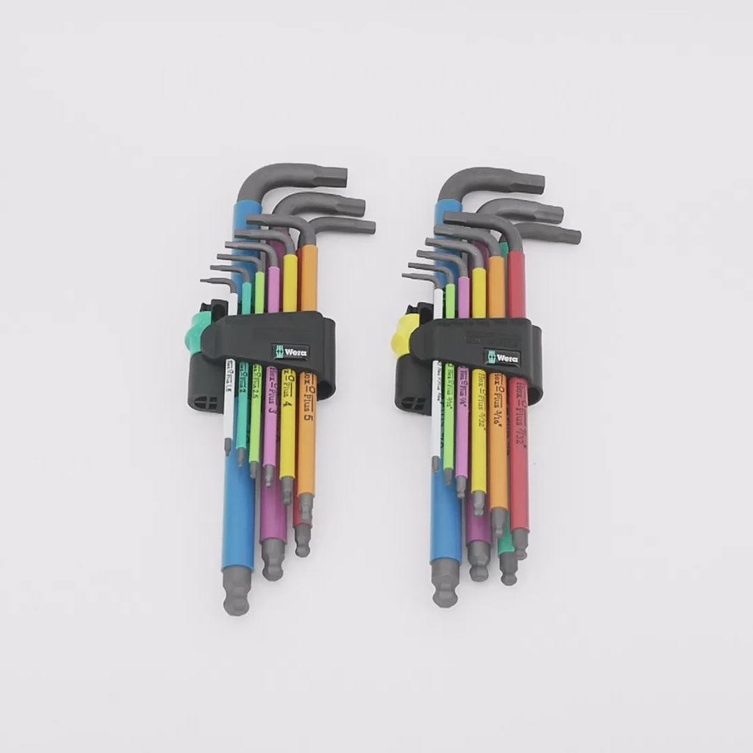 Load video: Wera 073593+022640 Multicolor Hex + Ball End Hex Metric/SAE Combo L-key Clip Set