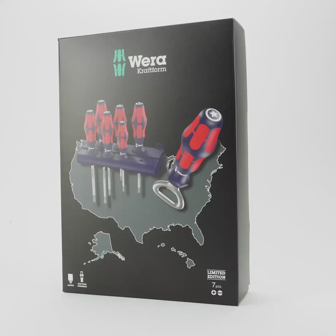 Load video: Wera 300043 Kraftform USA Screwdriver Set with Bottle Opener - 7 Pieces, Limited Edition