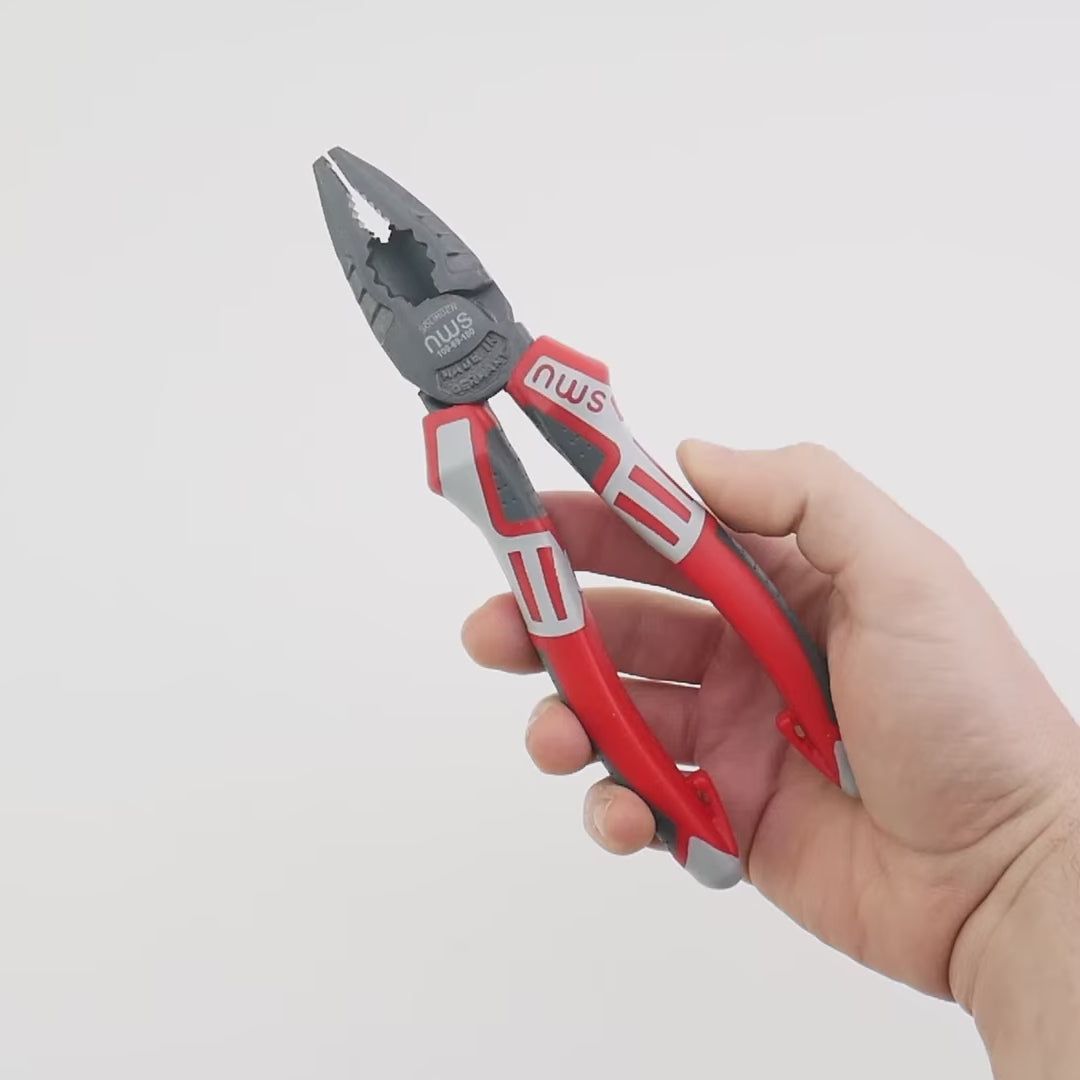 Load video: NWS 7" High Leverage Combination Pliers CombiMax - TitanFinish - SoftGripp, Tethered Attachment