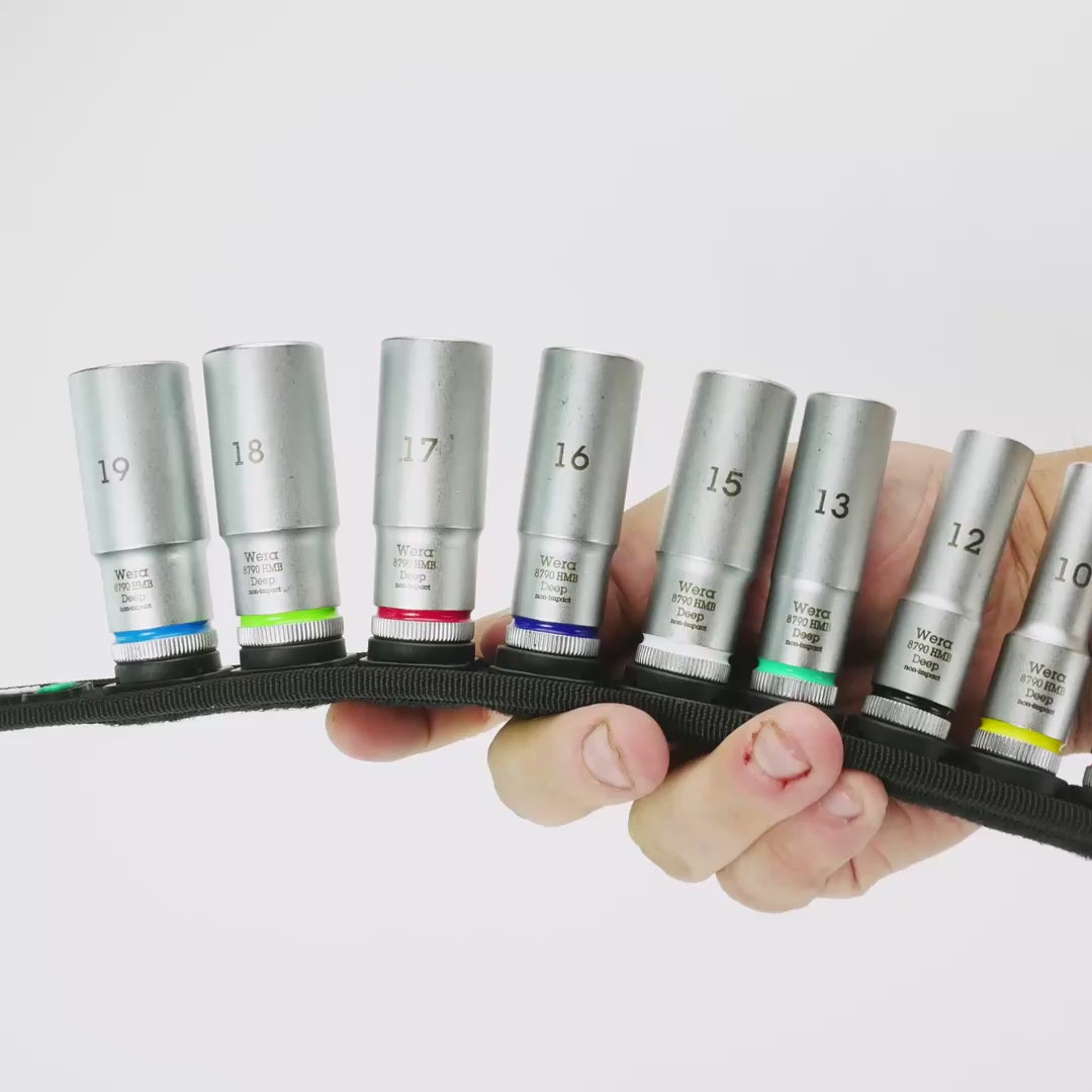 Load video: Wera 004545 Belt B 3/8" Deep Metric Socket Set on Belt, 9 Pieces