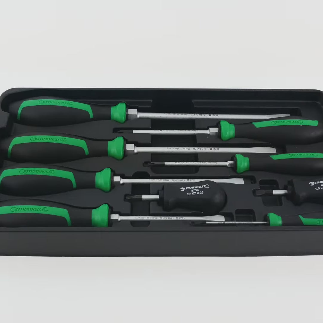 Load video: Stahlwille 4693 DRALL+ Phillips and Slotted Screwdriver Set, 9 Pieces