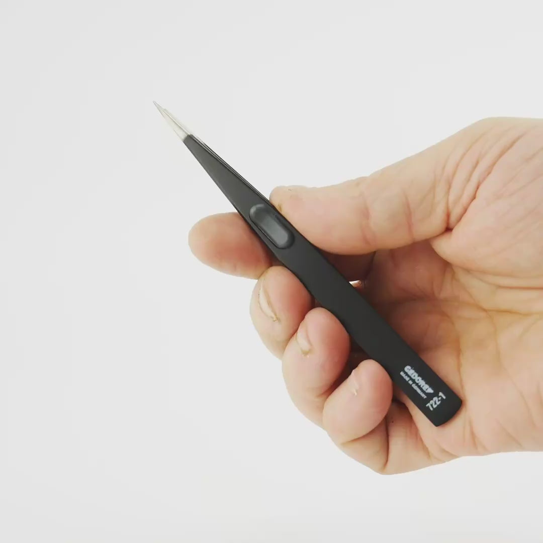 Load video: Gedore 722-1 ESD Precision tweezers, flat, satin non-glare finish, ESD