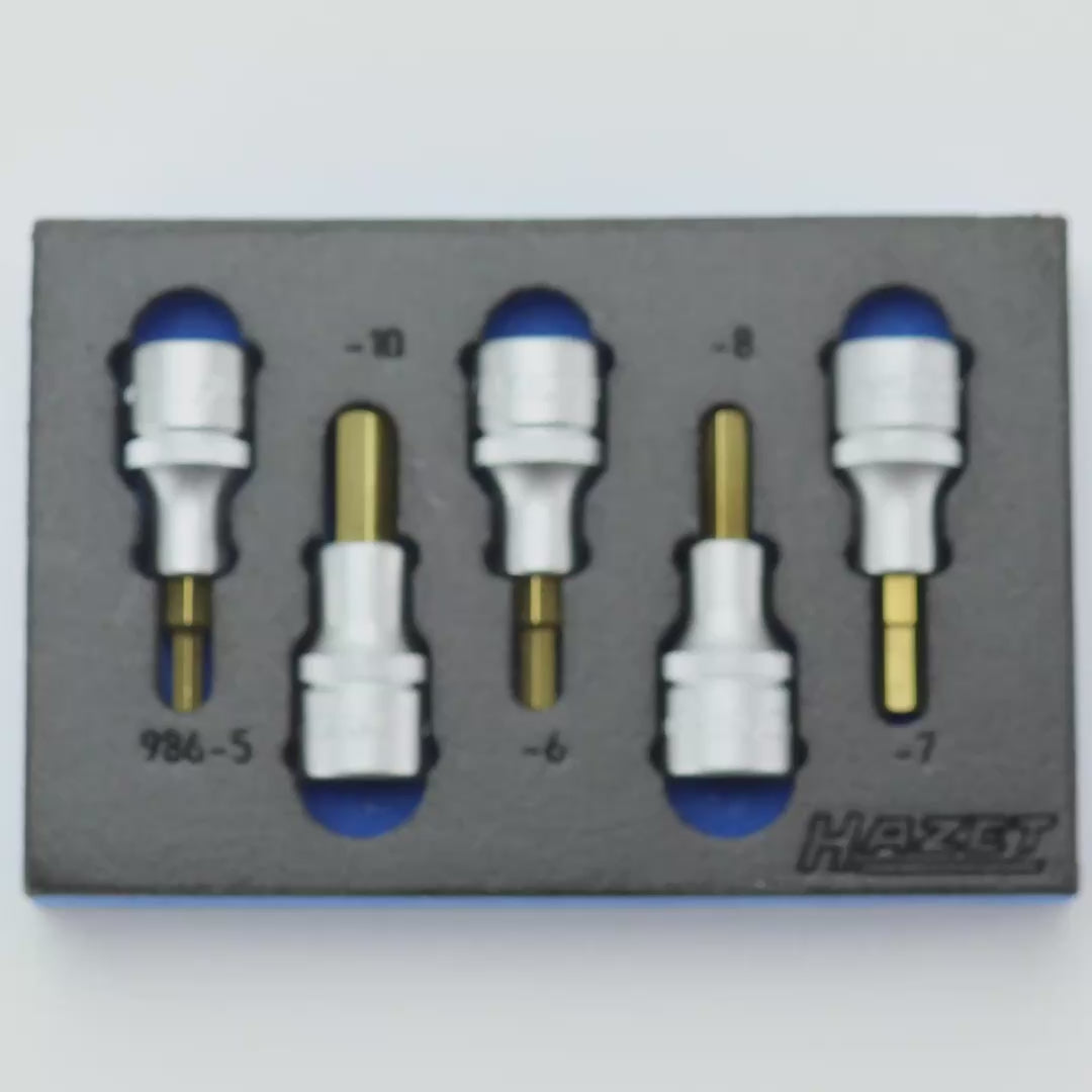 Load video: Hazet 163-215/5 1/2" Metric Hex Bit Socket Set, 5 - 10 mm, 5 Pieces
