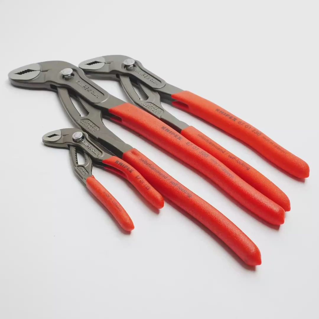 Load video: Knipex Cobra Pliers Set, 3 Pieces - 5", 10", and 12"