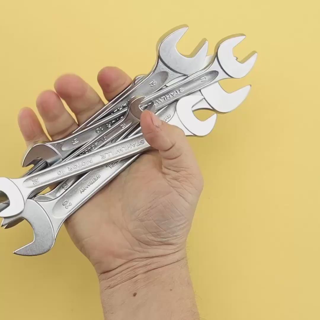 Load video: Stahlwille 10/8 MOTOR Double Open Ended Wrench Set, Metric, 6 - 22 mm, 8 Pieces