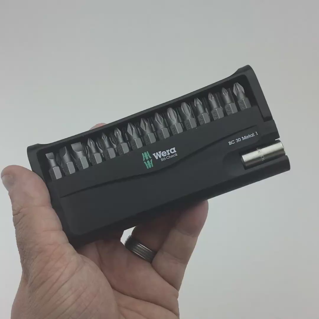 Load video: Wera 057434 Bit-Check 30 Metal 1 - PH, PZ, TX, Hex and Slotted Insert Bit Set