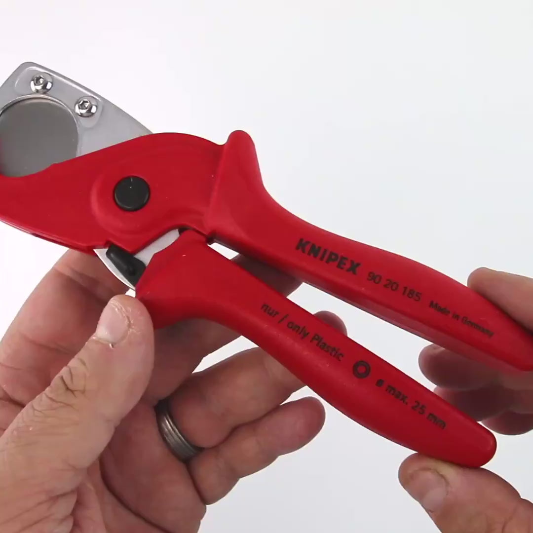 Load video: Knipex Pipe Cutter for plastic conduit pipes and hoses