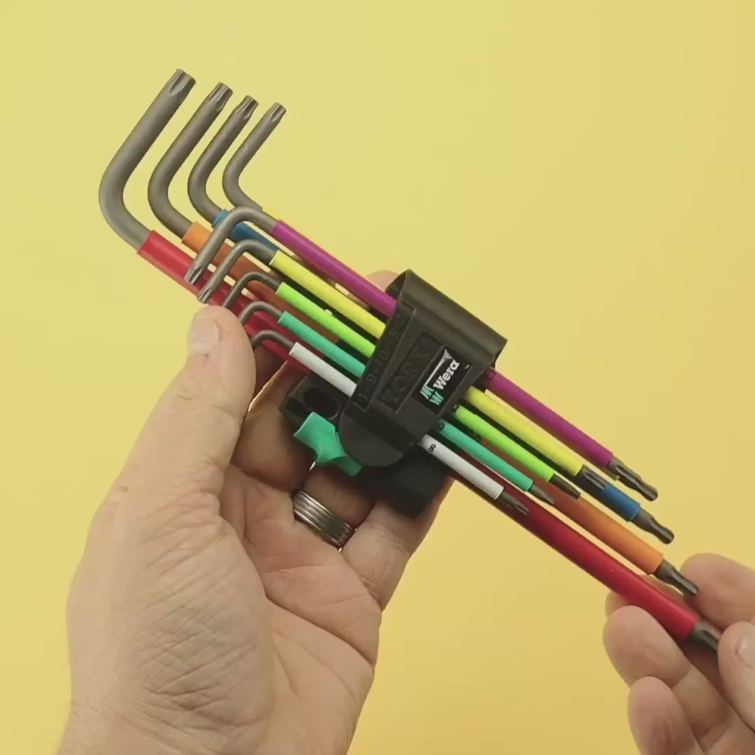 Load video: Wera 024480 967/9 TX XL Multicolour 1 Torx L-key Set, Long