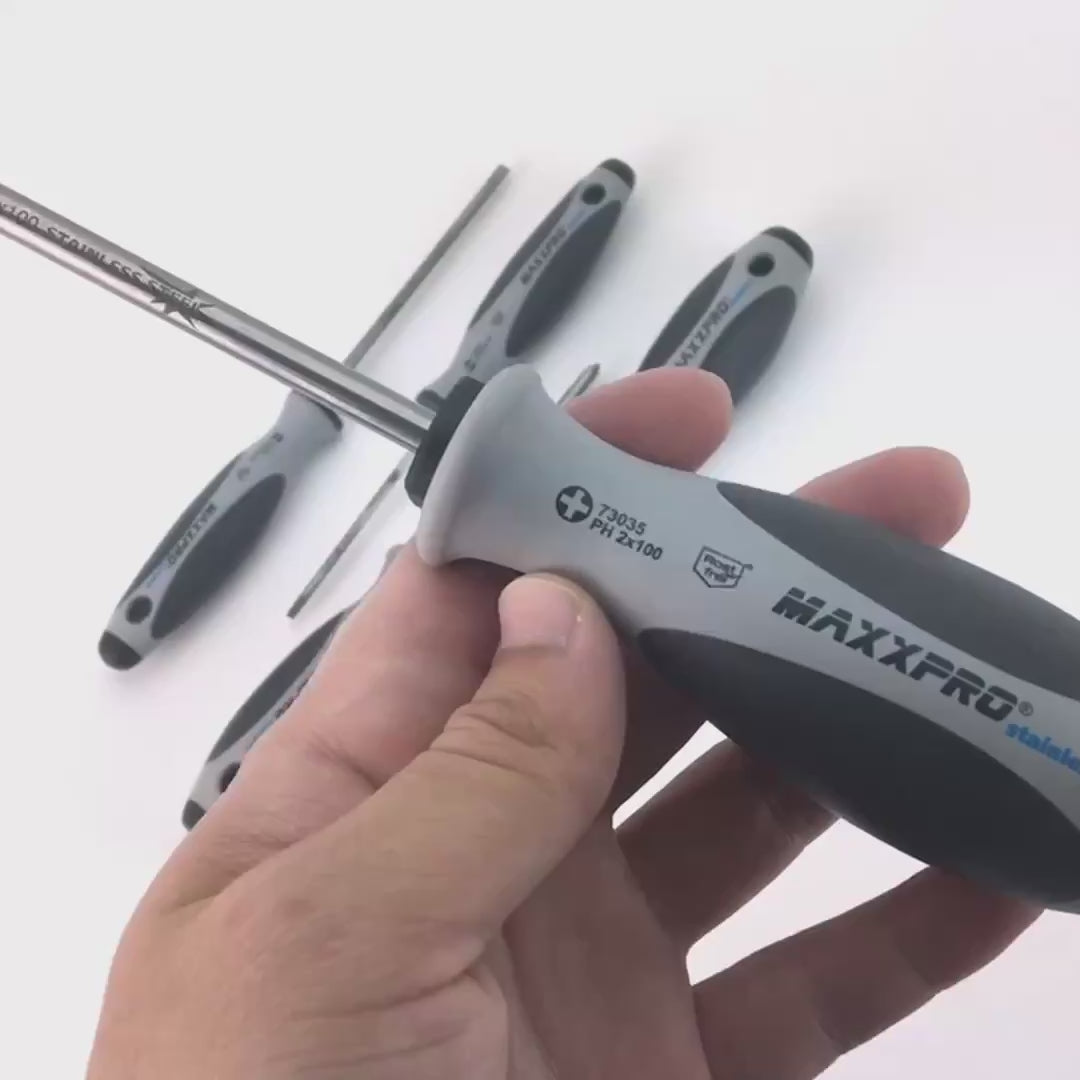 Load video: Witte MaxxPro Stainless Slotted and Phillips Screwdriver Set, 5 Pieces