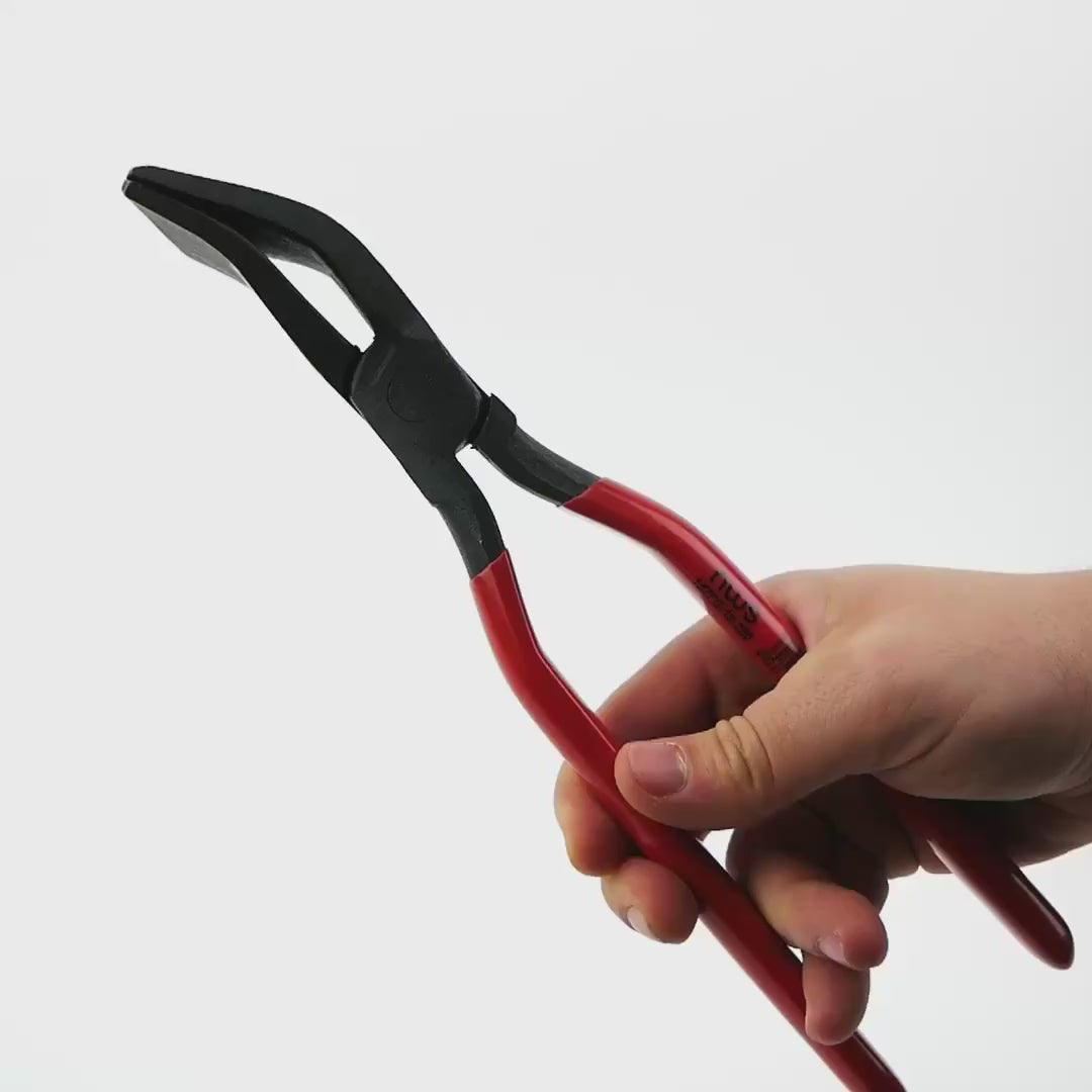 Load video: NWS 11" Plumbers Seaming Pliers - Atramentized - Plastic Grip - 45 Degree