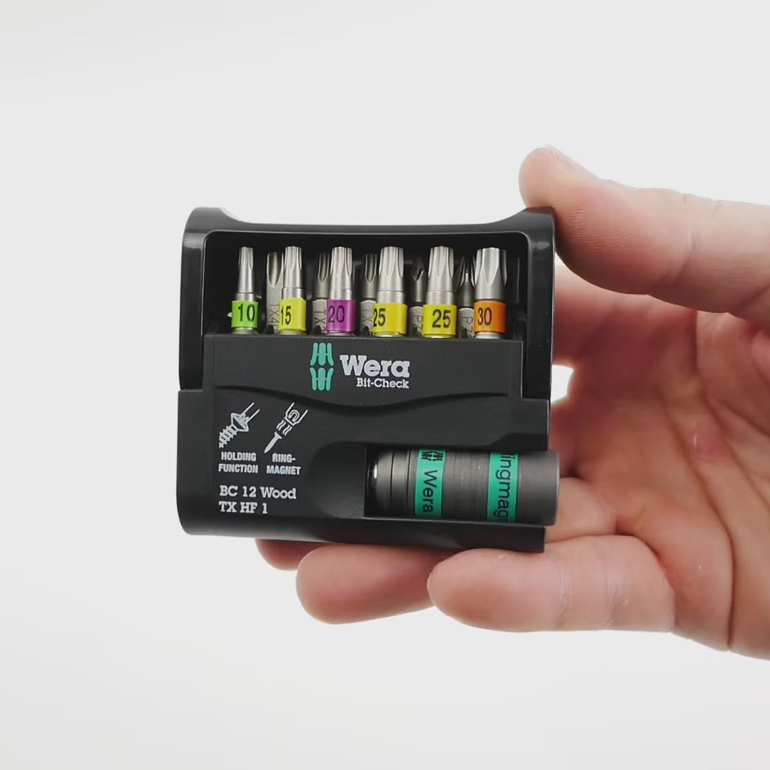 Load video: Wera 057435 Bit-Check 12 Wood, 12 Pieces