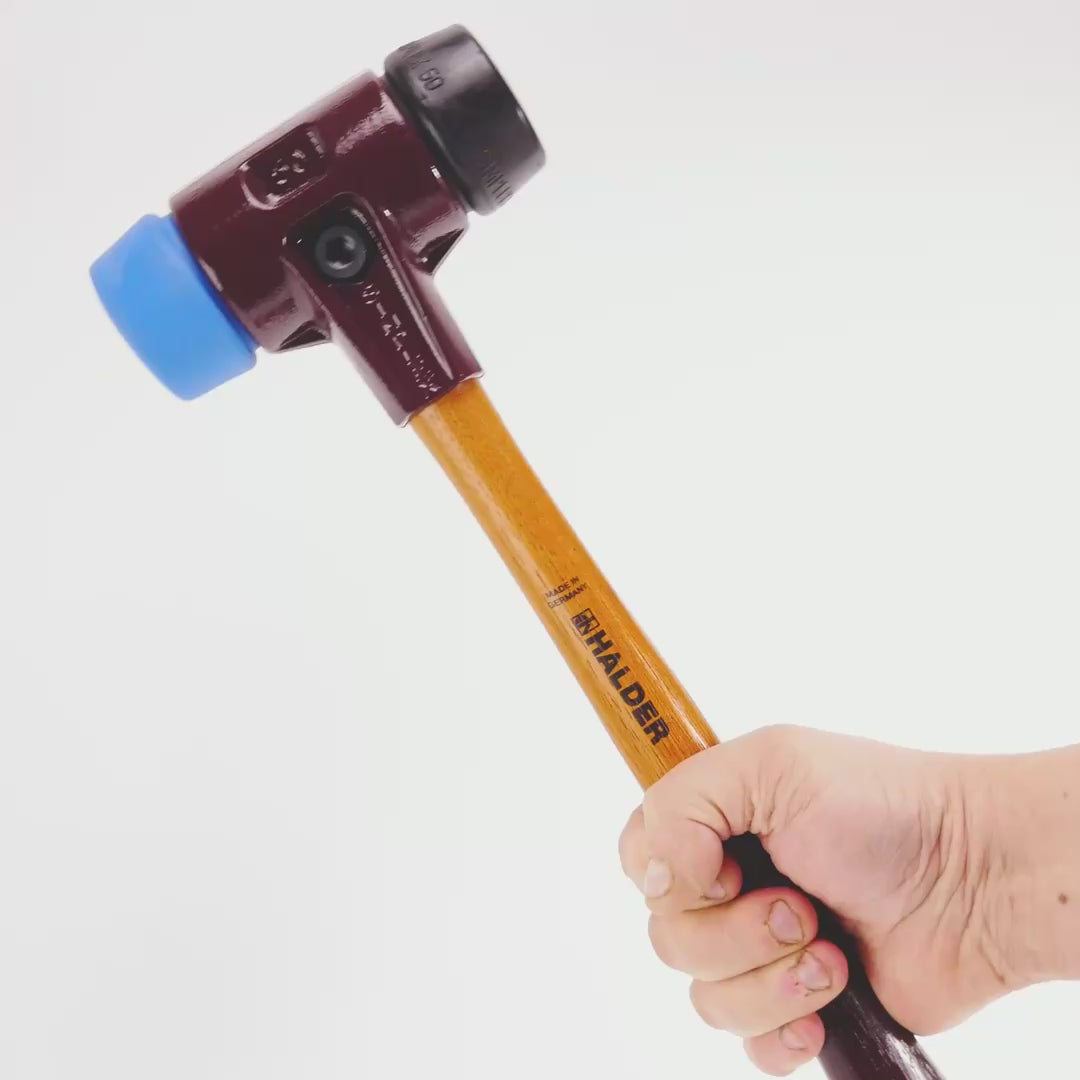 Load video: Halder Simplex Mallet with Soft Blue Rubber/Black Rubber Inserts and Cast Iron Housing, 1.97" / 38.63 oz.