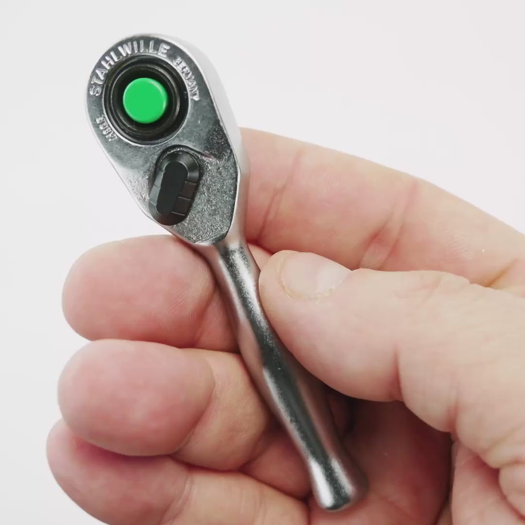 Load video: Stahlwille 418QR Mini Fine Tooth QuickRelease Reversible Ratchet, 1/4" Drive