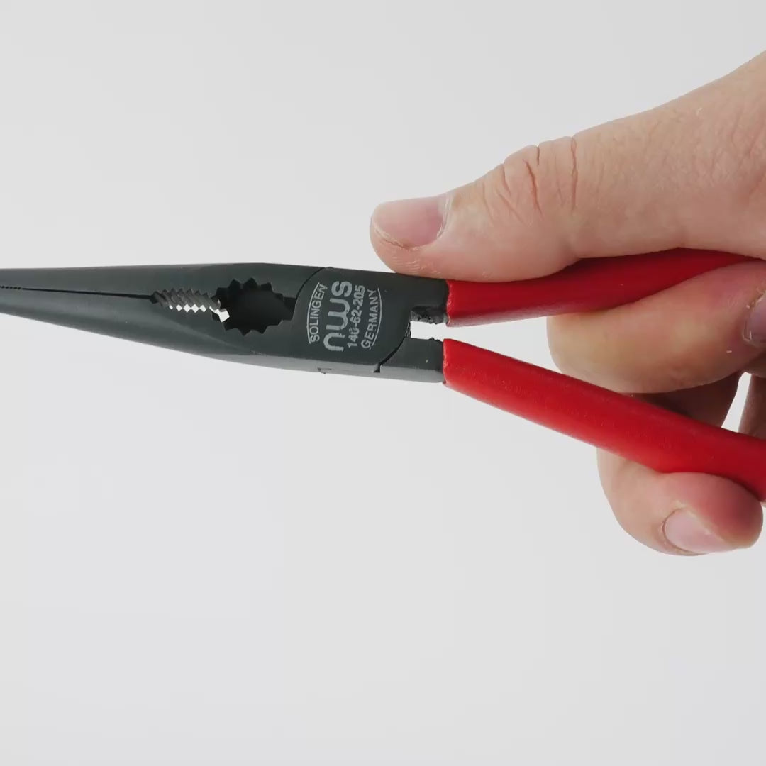 Load video: NWS 8" Chain Nose Pliers (Radio Pliers) - TitanFinish - Plastic Grip