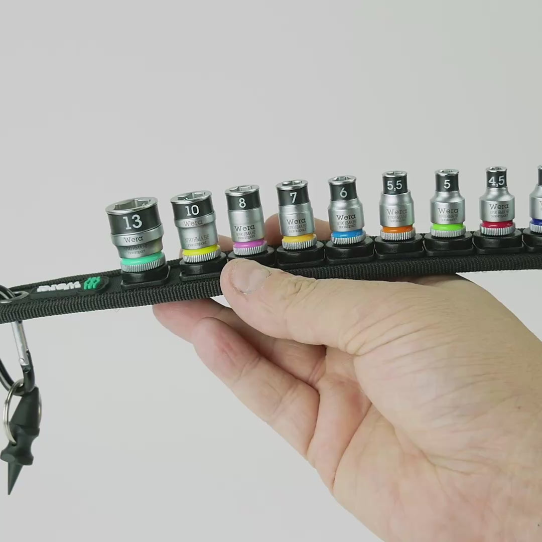 Load video: Wera 003880 Belt 1 Zyklop 1/4" Socket Set with Holding Function - Metric