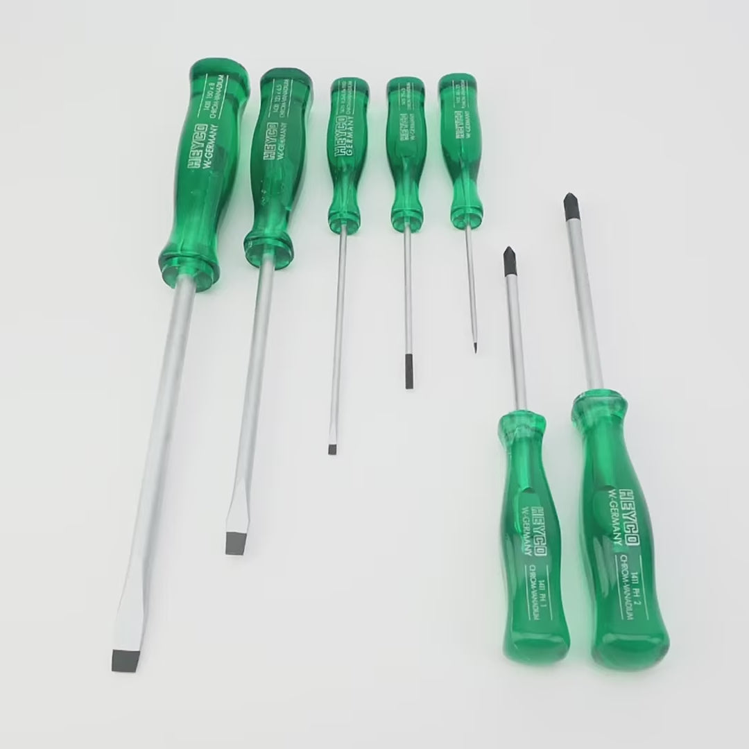 Load video: Heyco Phillips/Slotted Screwdriver Set with Acetate Handle, 7 Pieces