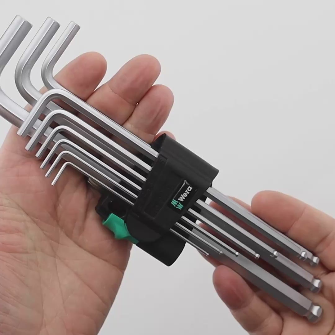 Load video: Wera 022087 SM N Ball-End L-key Set, Metric, Chrome-plated