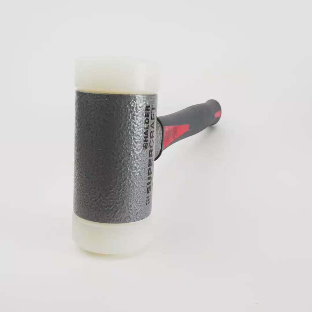 Load video: Halder Supercraft Dead Blow Non-Rebounding Hammer with Nylon Face Inserts and Rubberized Fiberglass Handle, 1.97" / 36.68 oz.
