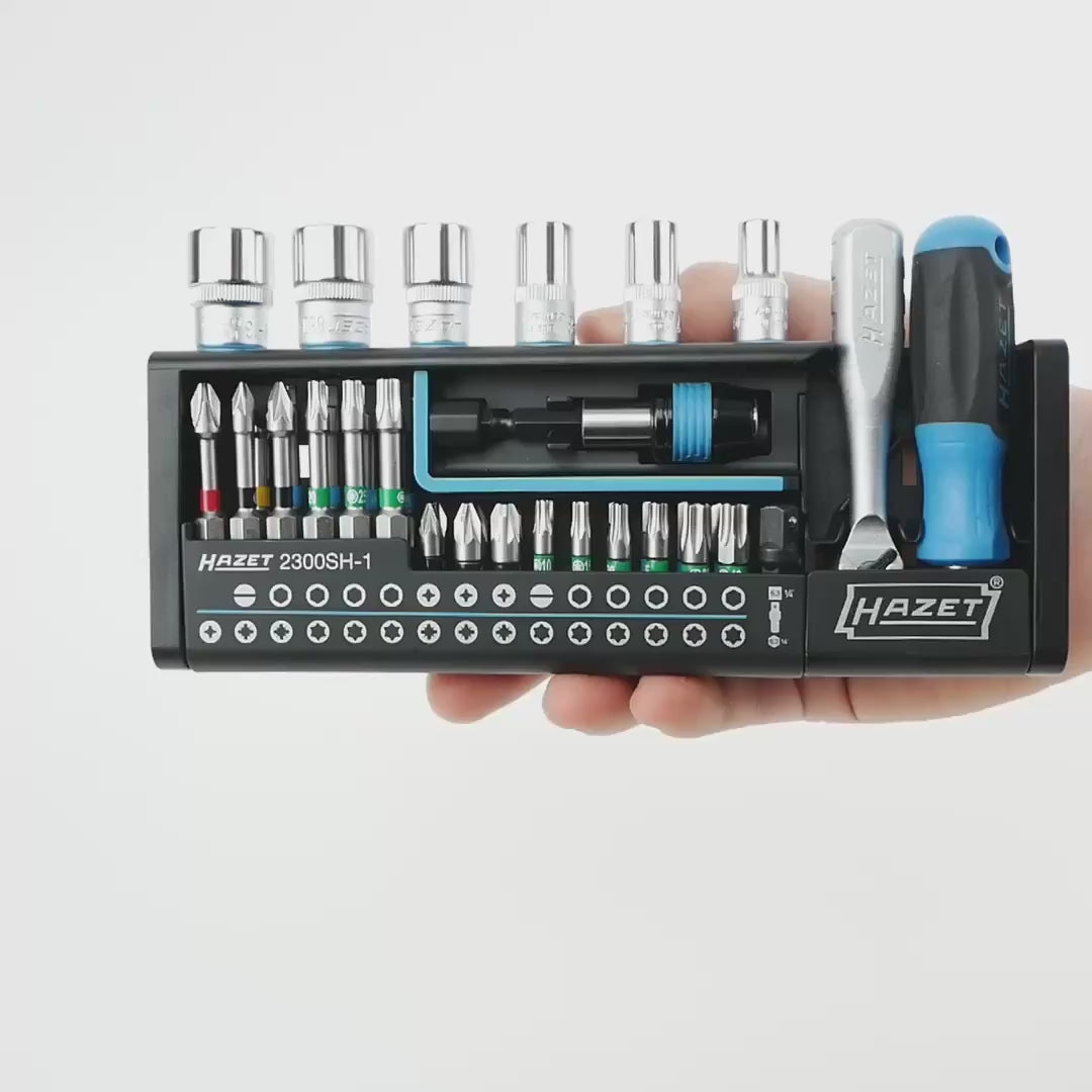 Load video: Hazet 2300SH-1 Smartholder 1/4" Socket/Bit Set, 39 Pieces