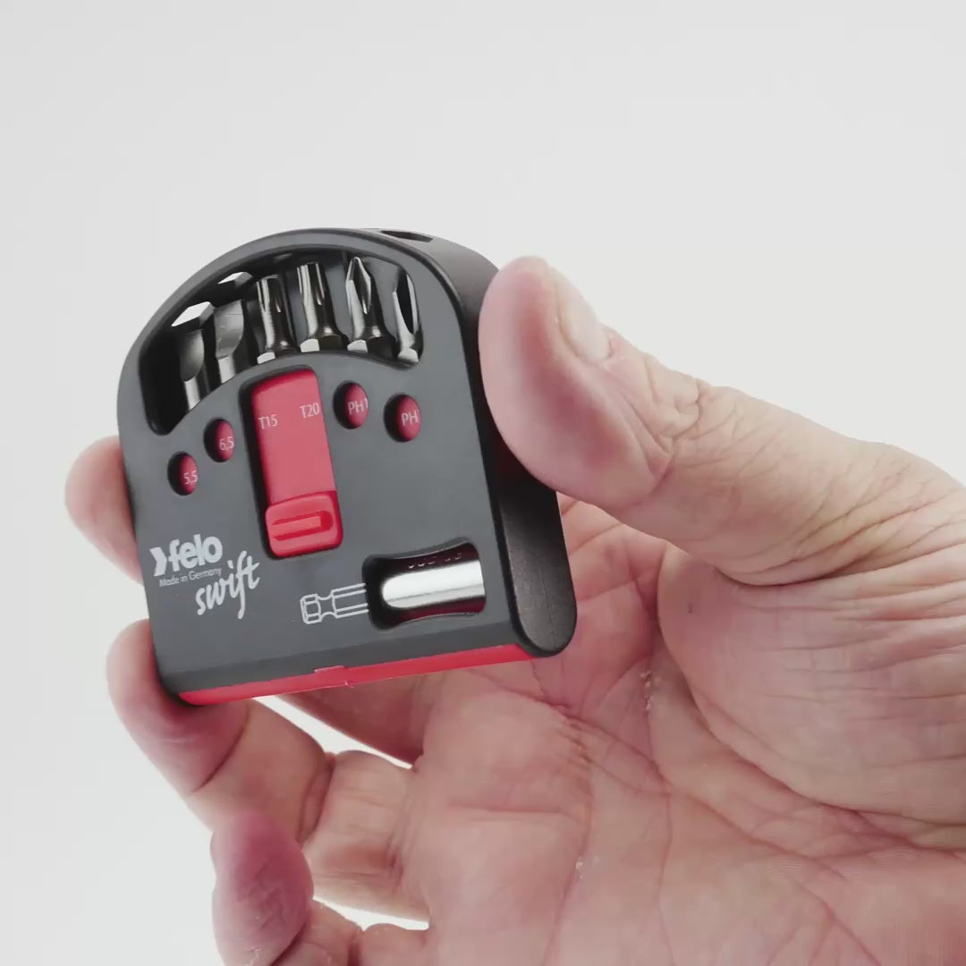 Load video: Felo Swift Box Universal 6 piece Bits &amp; Magnetholder - Slotted, TORX®, Phillips