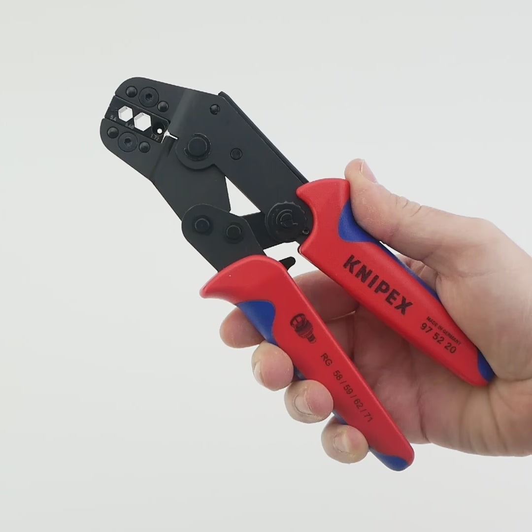 Load video: Knipex Short Crimping Pliers w/ Lever Transmission - Coax-, BNC- and TNC