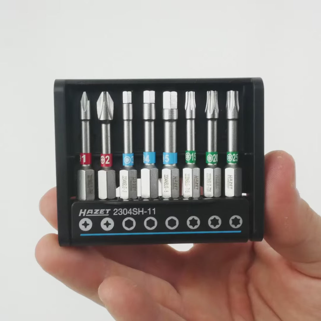 Load video: Hazet 2304SH-11 SmartHolder Torx/PH/Hex Bit Set, Long, 8 Pieces