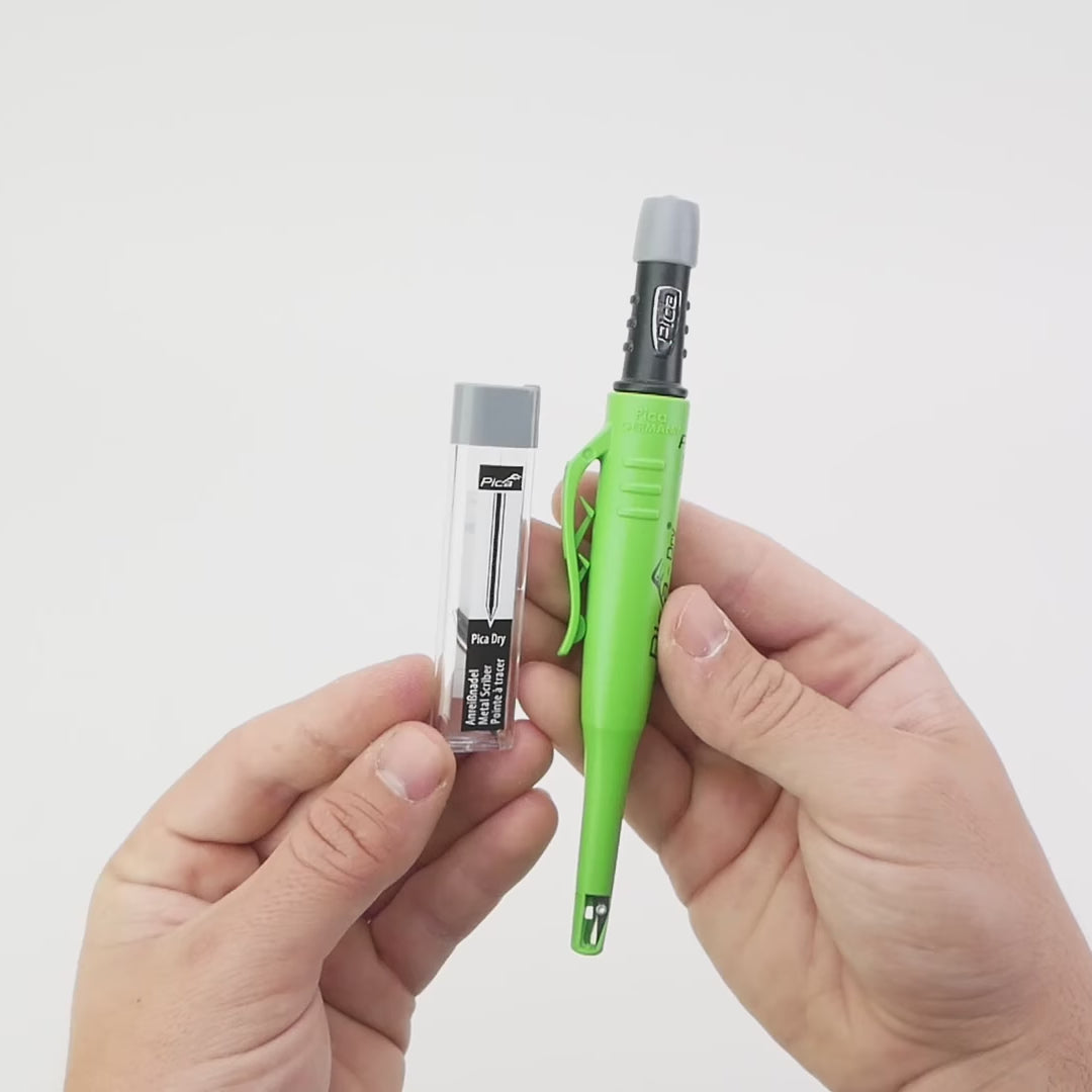 Load video: Pica DRY Metal Set, Automatic Pencil + Carbide Scribing Tip
