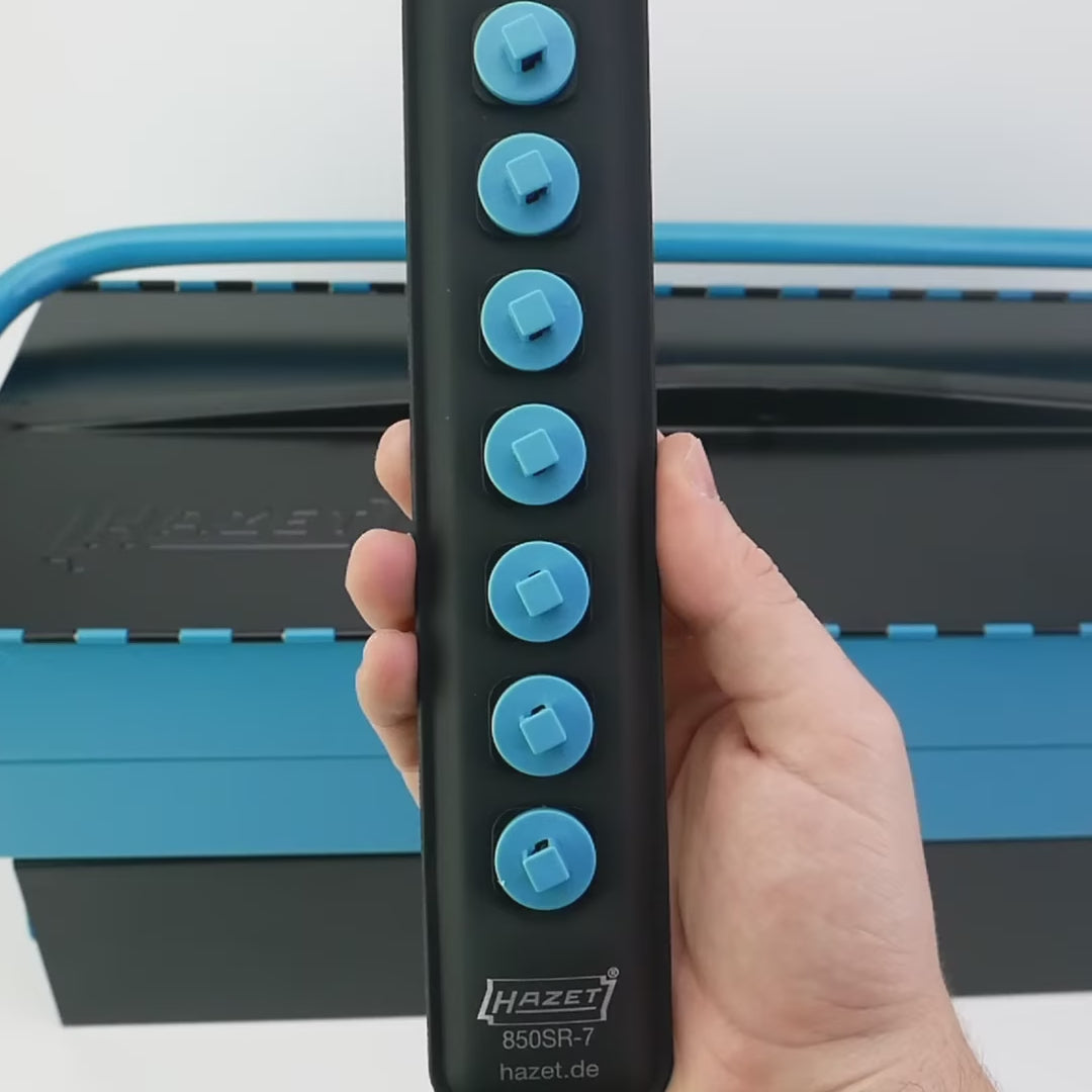 Load video: Hazet 850SR-7 Plastic SmartRail with 7 Slots, 1/4" Square Drive, Empty