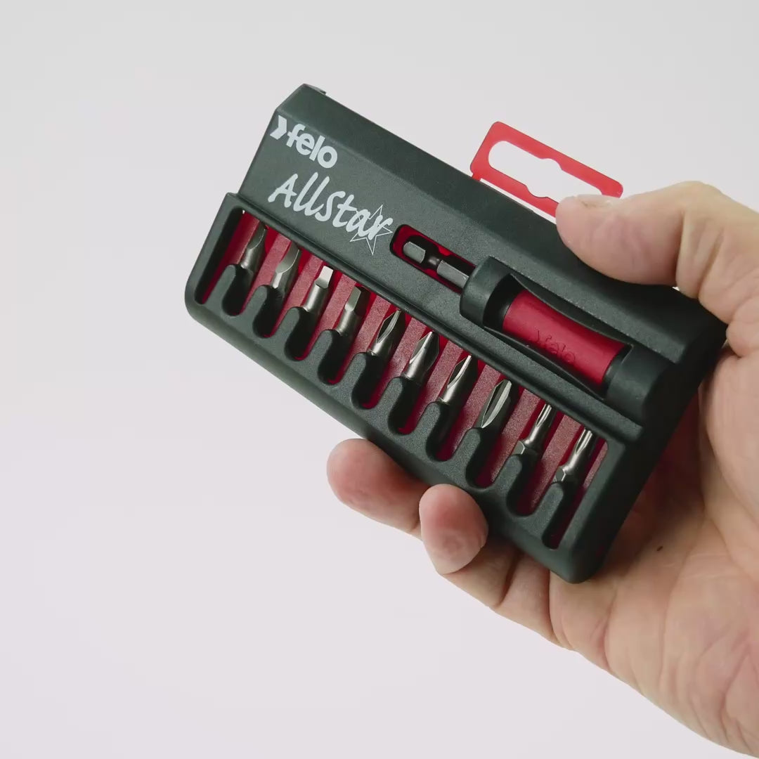 Load video: Felo AllStar 10 piece Universal Bit Set - Slotted, Phillips, Square, Torx