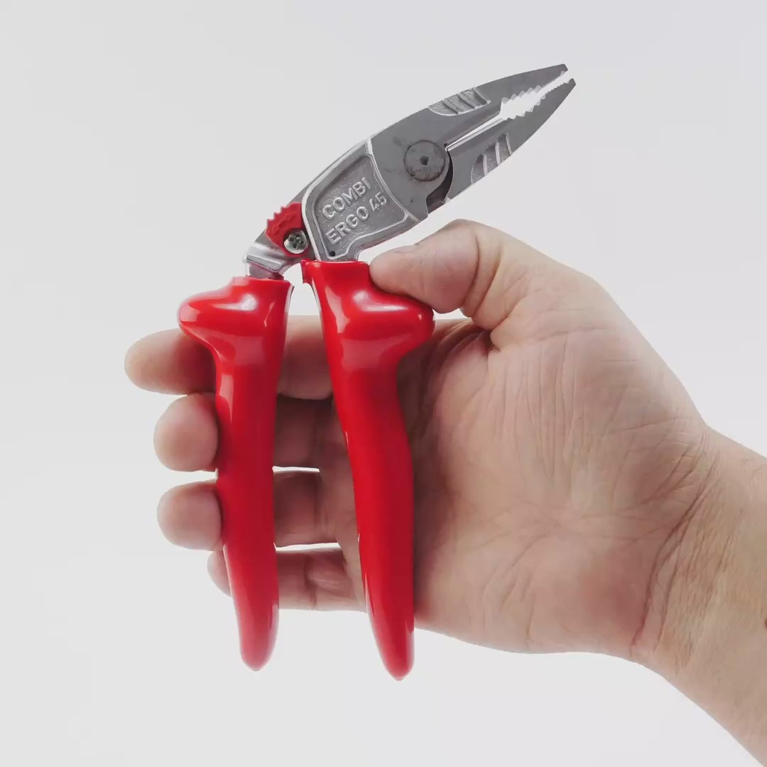 Load video: NWS 8" Ergonomic High Leverage Combination Pliers ErgoCombi 1000V - Matte Chromium - Plastic Grip