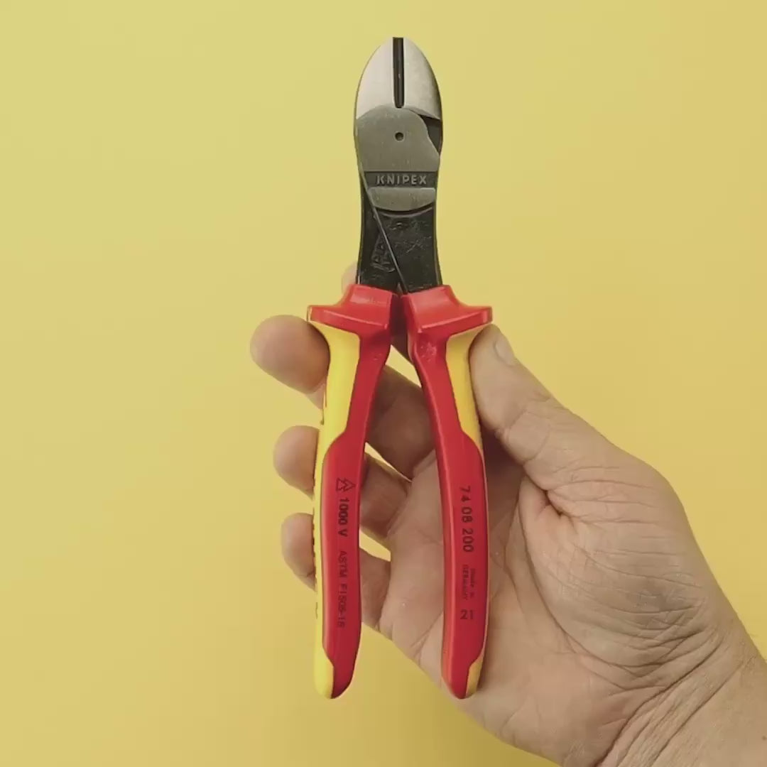 Load video: Knipex 8" High Leverage Diagonal Cutters - Insulated