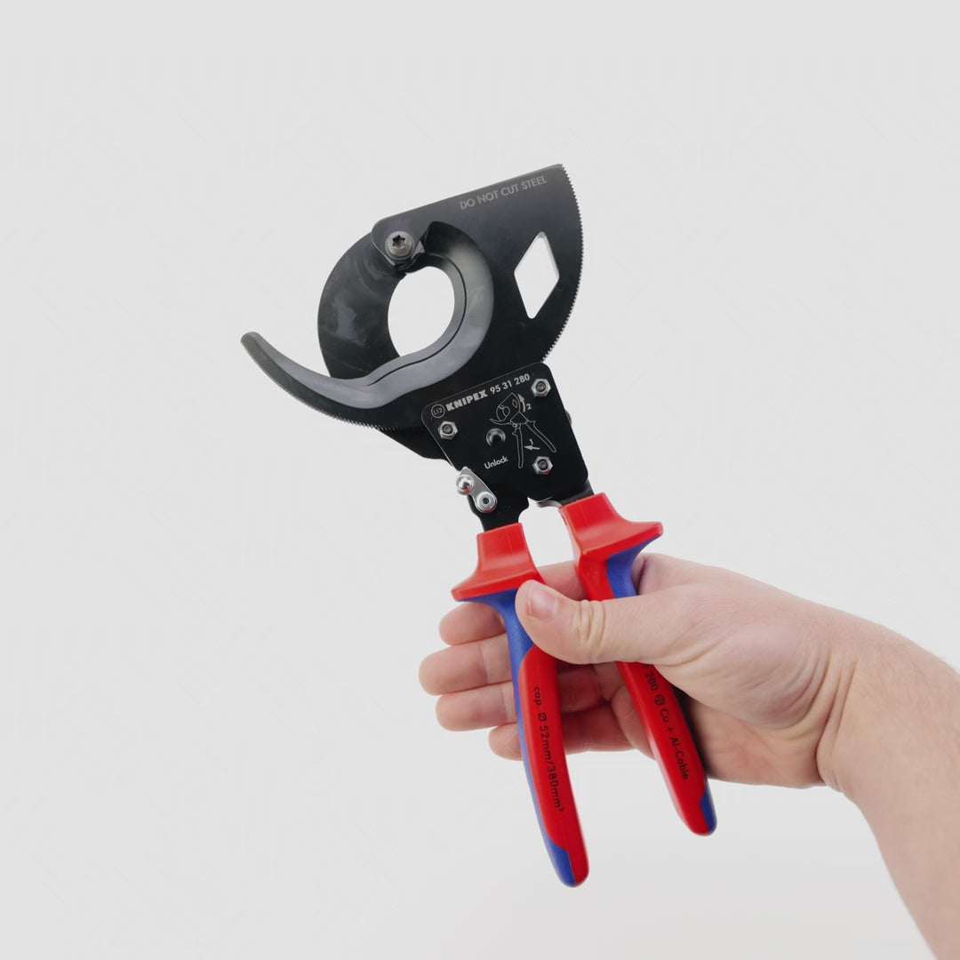 Load video: Knipex Cable Cutters (ratchet action) suitable for aluminum cable up to 4 x 150 mm2 - MultiGrip