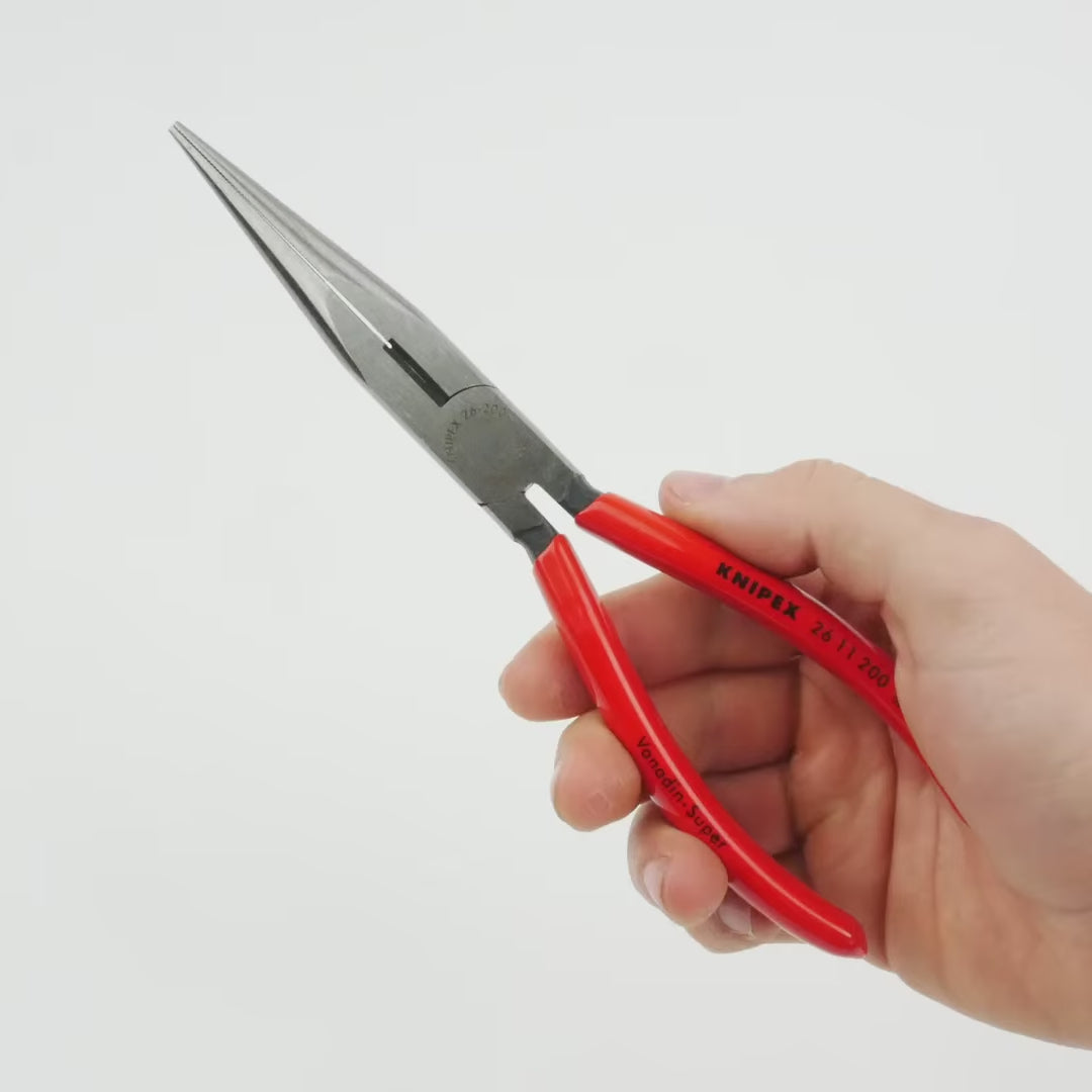 Load video: Knipex 8" Snipe Nose Side Cutting Pliers (Stork Beak Pliers) - Plastic Grip