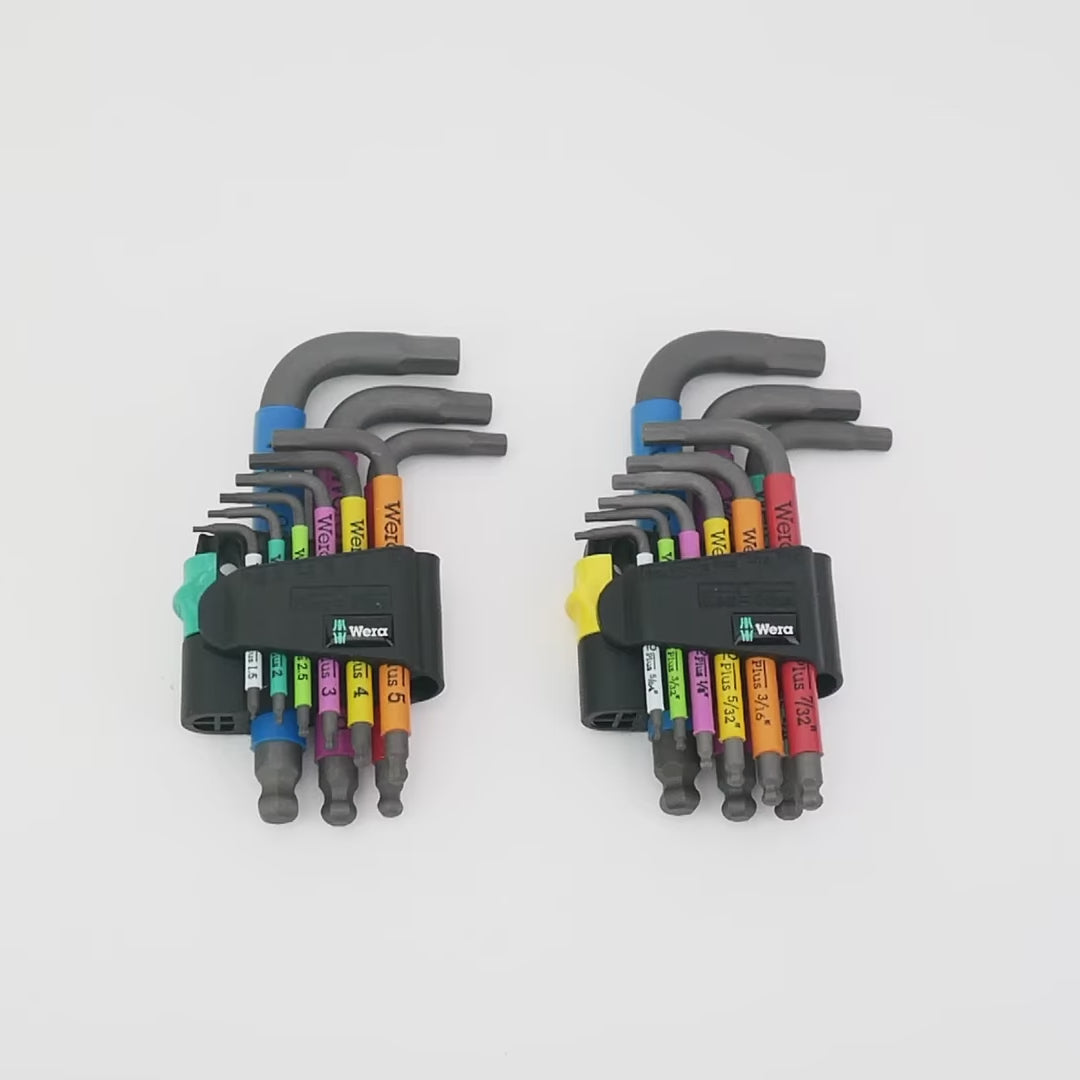 Load video: Wera 022641+133164 Stubby Multicolor Hex + Ball End Metric/SAE Combo L-key Clip Set