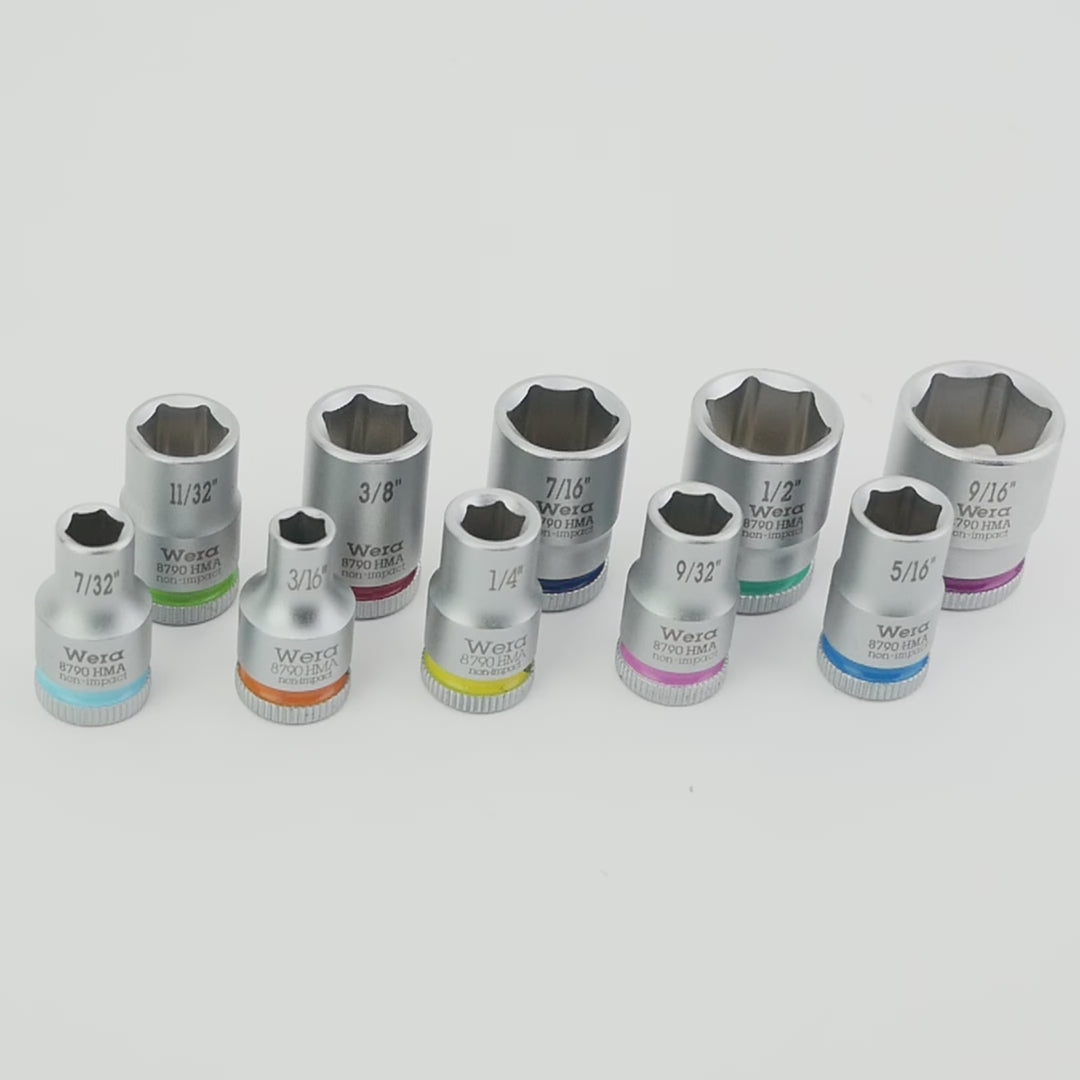 Load video: Wera Complete Shallow SAE Socket Set, 1/4" Drive, 3/16" - 9/16", 10 Pieces
