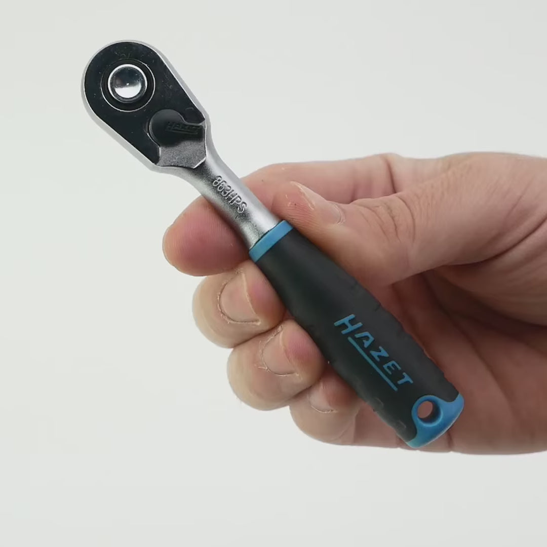 Load video: Hazet 863HPS Fine Tooth 1/4" Reversible Ratchet with Button Release