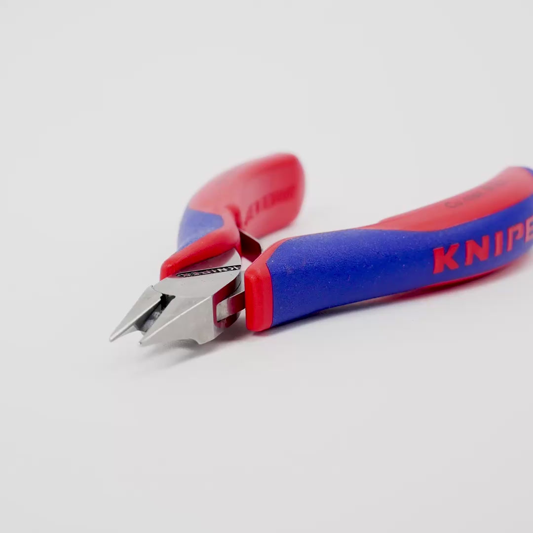 Load video: Knipex 4.5" Electronics Diagonal Cutters Pointed Mini-Head w/ Small Bevel - MultiGrip
