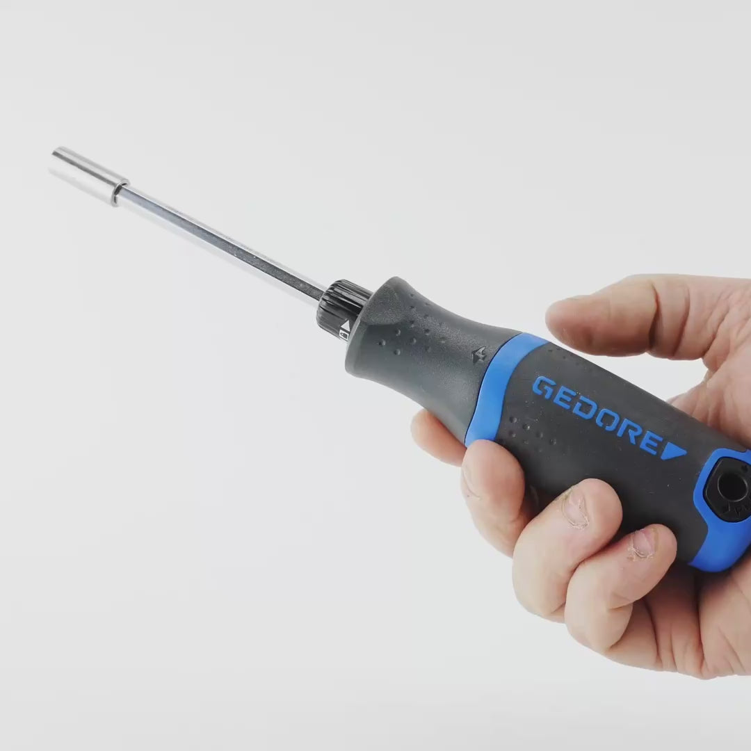 Load video: Gedore 2169 SilentGEAR Ratcheting Screwdriver with Magazine Handle, 1/4" Bit Holder